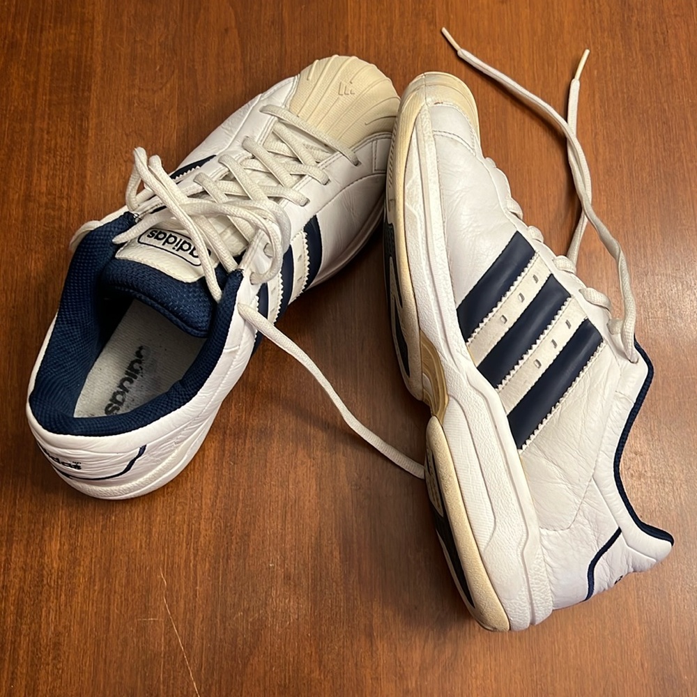 White with Navy Blue accent Adidas Men’s 9.5 Superstar style